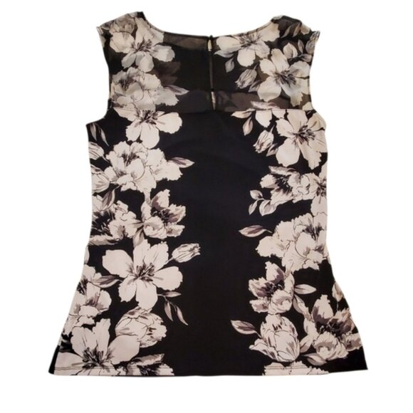 White House Black Market Sleeveless Ruched Black & White Floral Print Top Size L - Picture 2 of 6